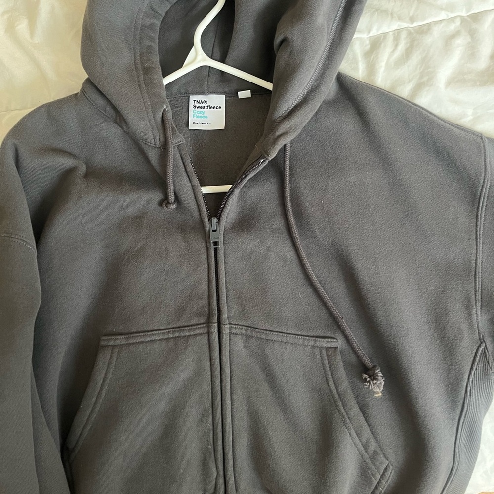 TNA cozy fleece boyfriend hoodie size small dark grey